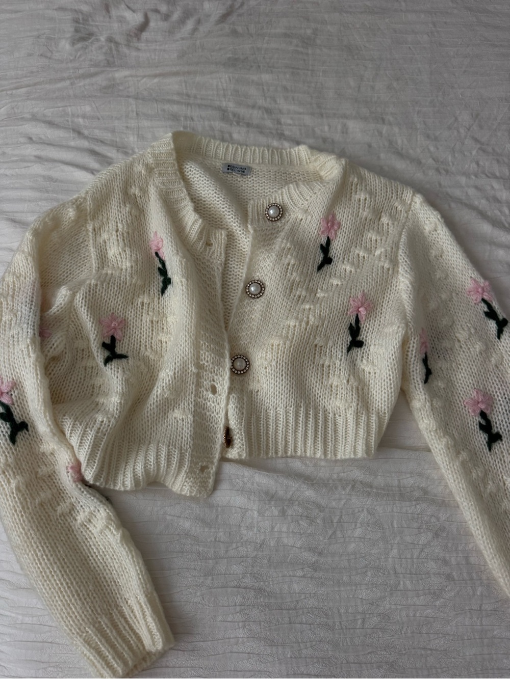 Beginning Boutique Cream Floral Embroidered Cropped Cardigan Sweater